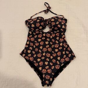 Eberjey Floral Dark Navy One-Piece Swimsuit Key hole Bandeau Halter Tie Neck